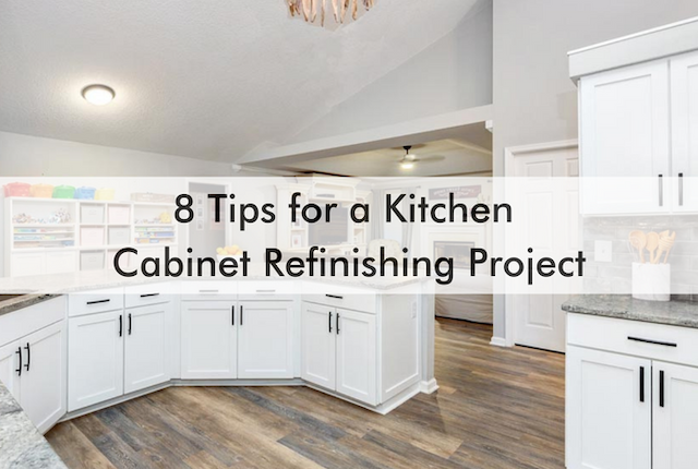 kitchen with text about cabinet refinishing ideas