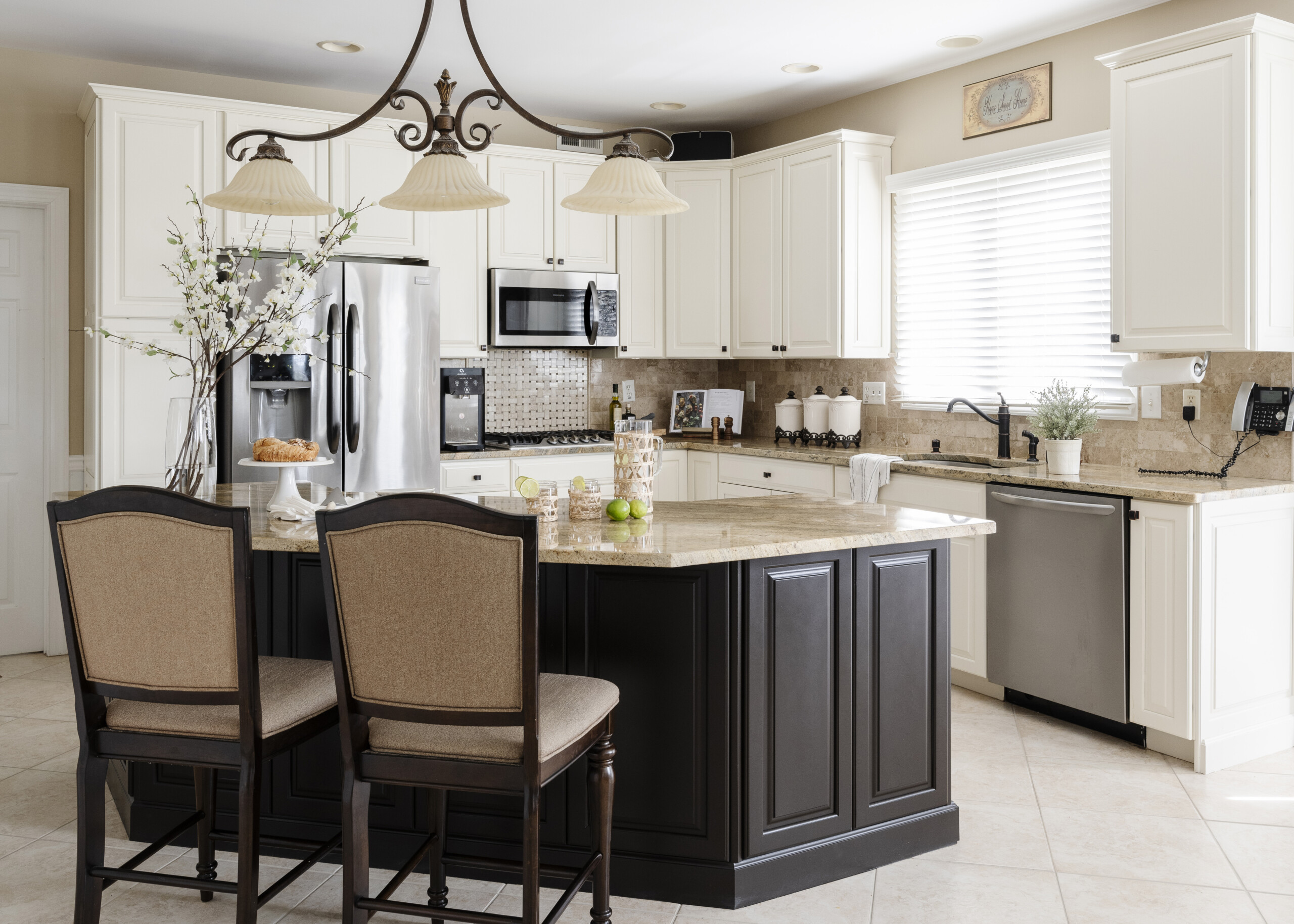 two-tone brown and cream white cabinet painting in fullerton ca kitchen