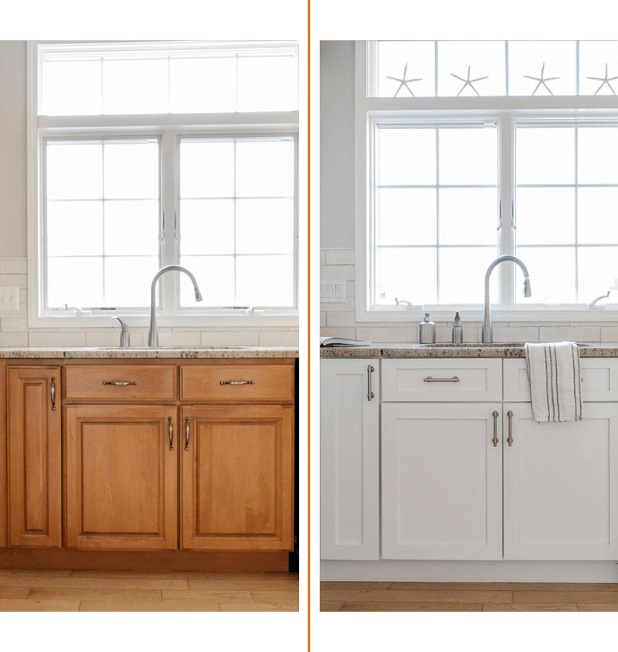 before and after of cabinet refacing in a kitchen