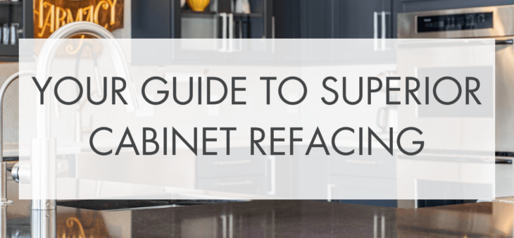 navy colored cabinets with the words Your Guide to Superior Cabinet Refacing