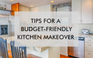 kitchen with text about budget friendly update ideas