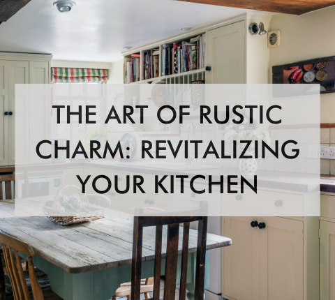 kitchen with text saying The Art of Rustic Charm: Revitalizing Your Kitchen