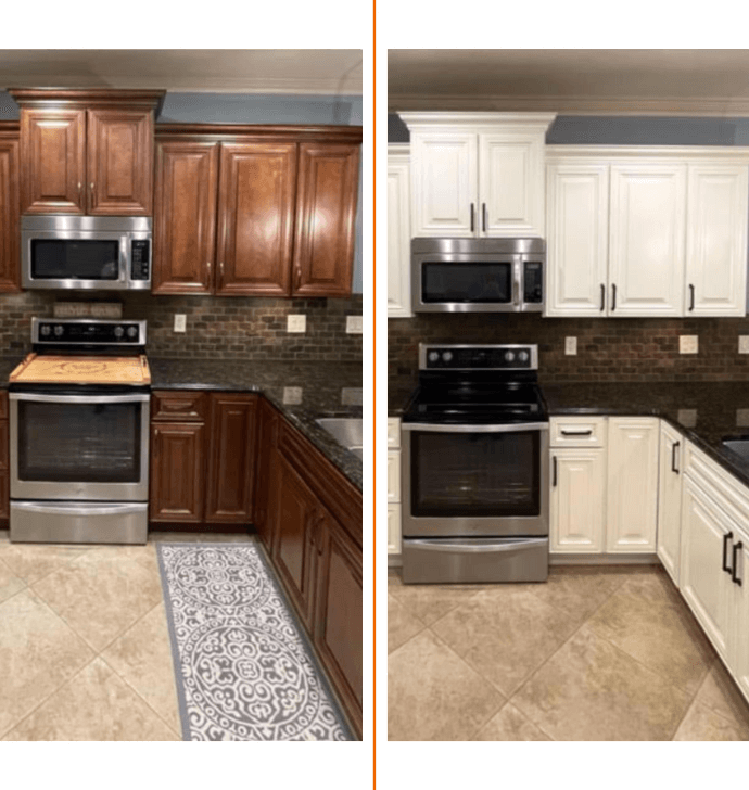 before and after cabinet refinishing photo