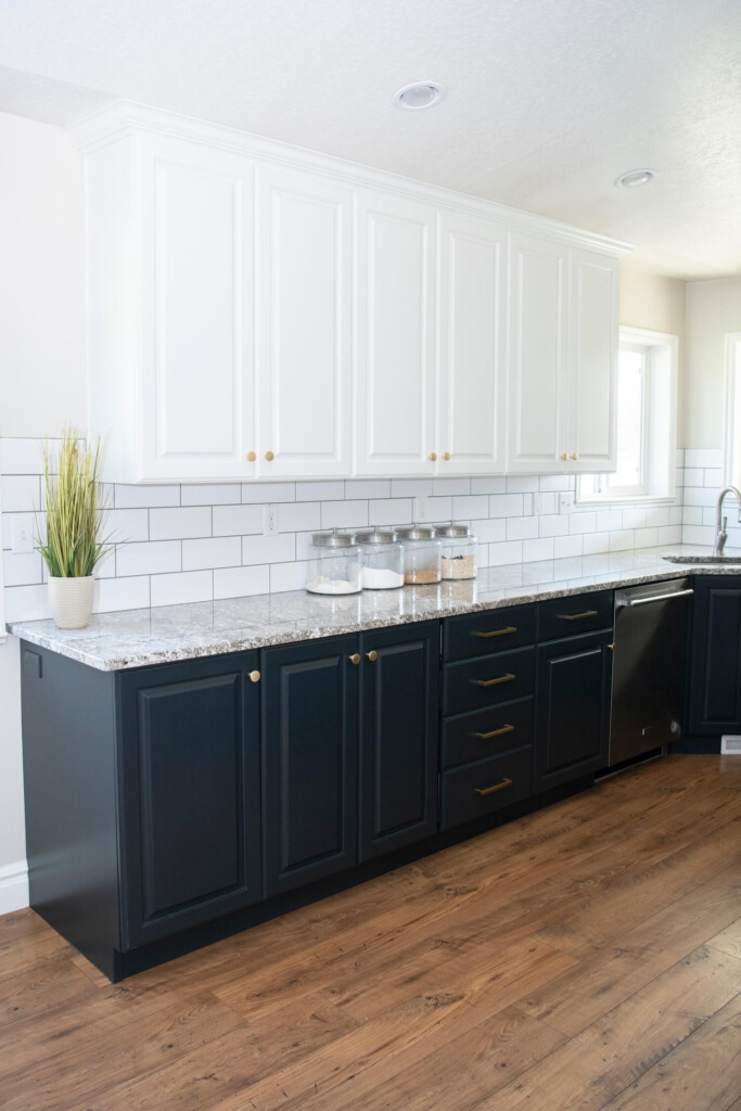 black lower cabinets with white upper cabinets