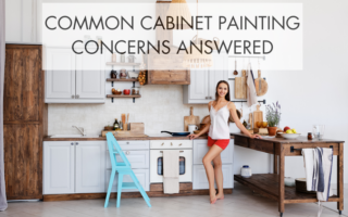 kitchen with text Common Cabinet Painting Concerns Answered