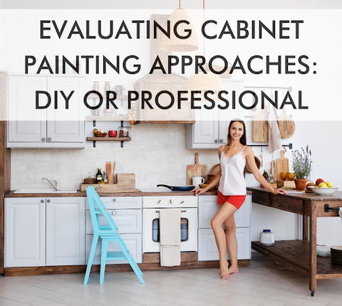 Kitchen with text saying Evaluating Cabinet Painting Approaches: DIY or Professional?