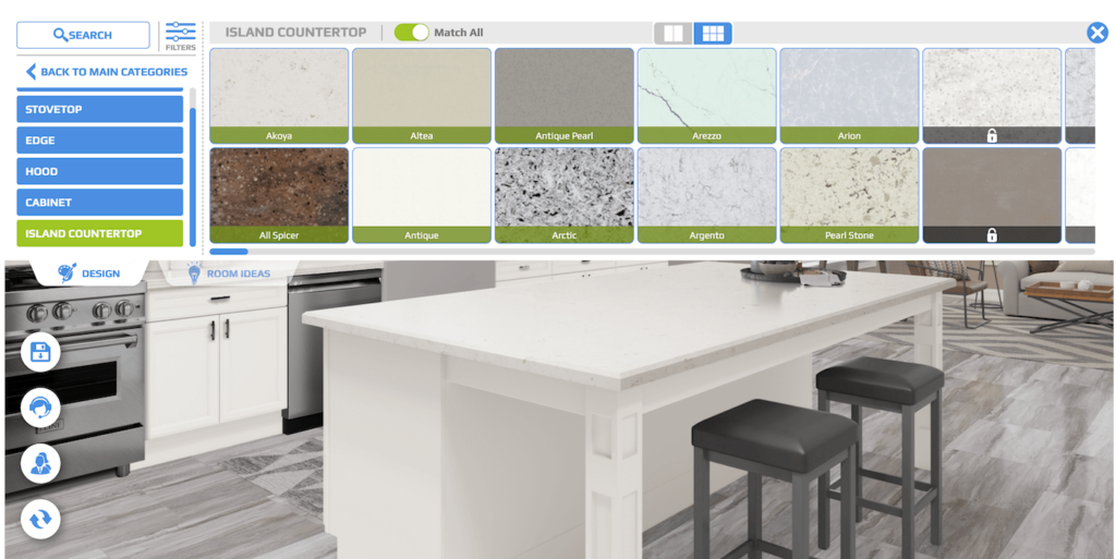 screenshot of the kitchen visualizer software showing the selections of countertop material