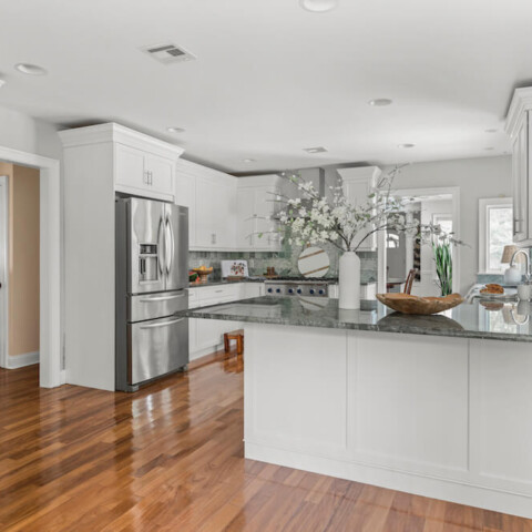 kitchen with white painted cabinets