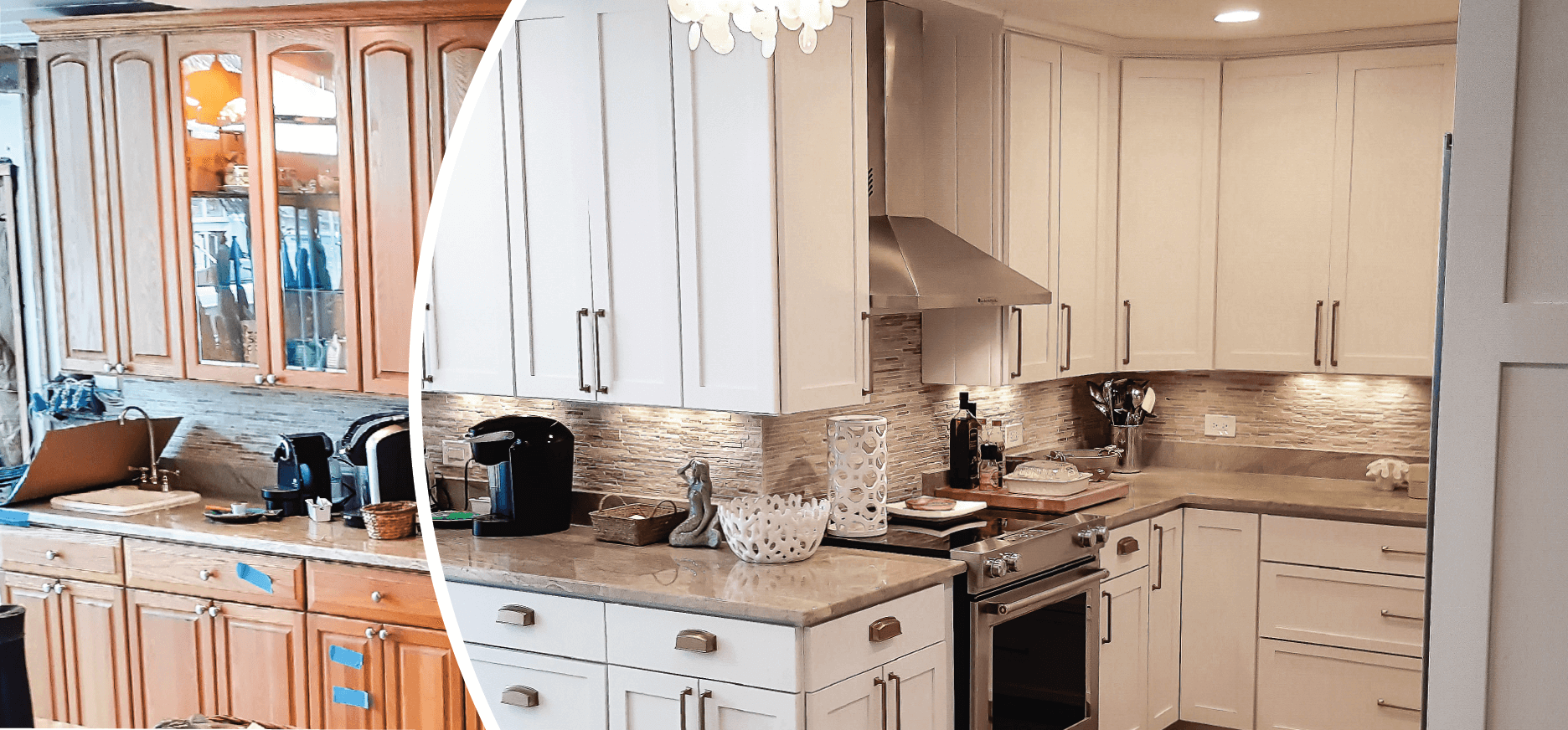 White Uppers Blue Lowers before and after cabinet refacing in kiawah island