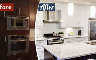 brown to white kitchen cabinet painting before and after