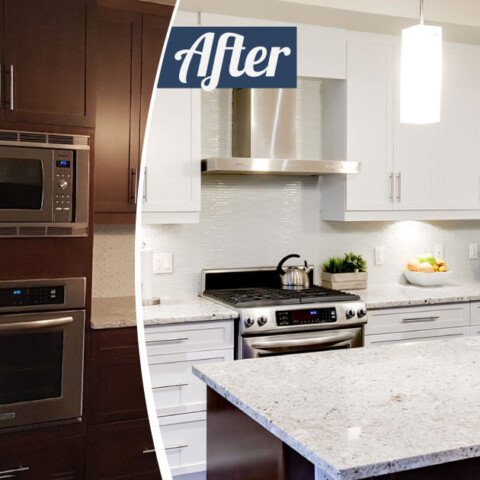 brown to white kitchen cabinet painting before and after