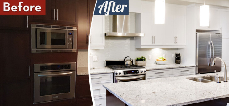 brown to white kitchen cabinet painting before and after