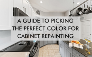 kitchen with text saying a Guide to Picking the Perfect Color for Cabinet Repainting