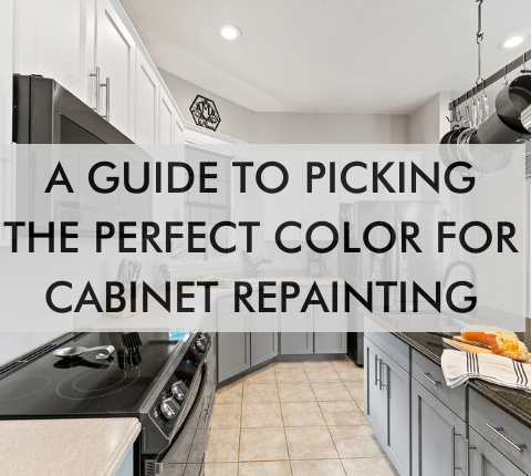 kitchen with text saying a Guide to Picking the Perfect Color for Cabinet Repainting