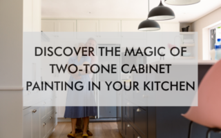 kitchen with text saying Contact N-Hance of Charleston at 843-303-9706 to get an estimate on your next kitchen makeover service. Let's bring the two-tone color trend to life in your kitchen together.