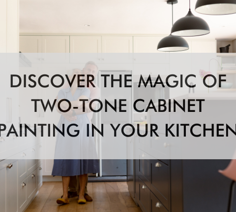 kitchen with text saying Contact N-Hance of Charleston at 843-303-9706 to get an estimate on your next kitchen makeover service. Let's bring the two-tone color trend to life in your kitchen together.