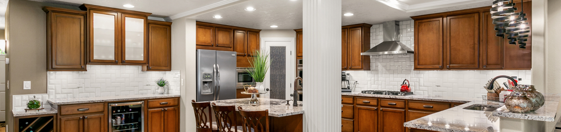 Photo of kitchen with blue and white refinished cabinets