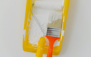 cabinet paint roller and brush with white paint