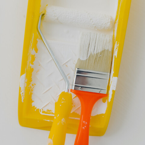 cabinet paint roller and brush with white paint