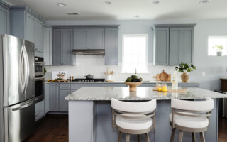 dusty light blue gray painted cabinets