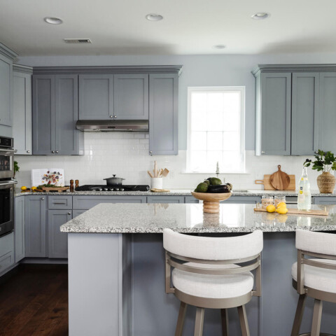 dusty light blue gray painted cabinets