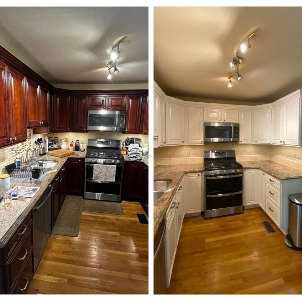 White Kitchen Cabinets before and after full kitchen cabinet painting
