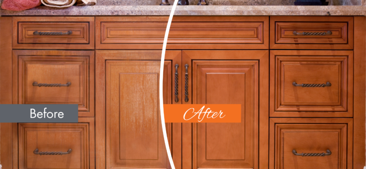 Before and after of bathroom cabinet refinishing