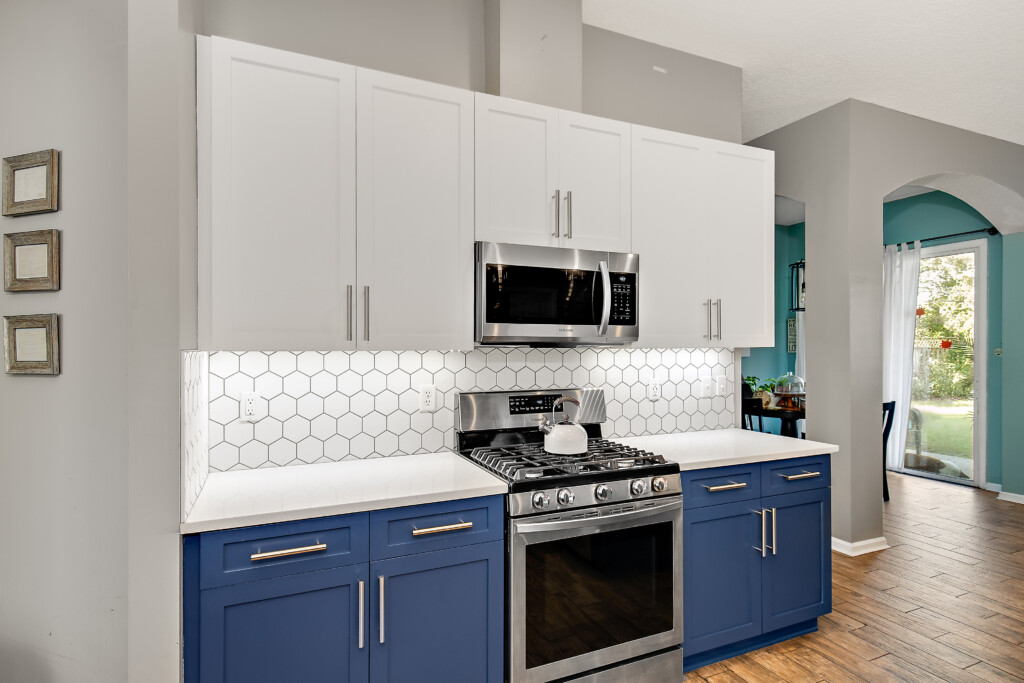 blue and white two tone cabinet painting