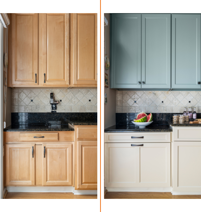 before and after of a cabinet door replacement and painting in a nampa kitchen