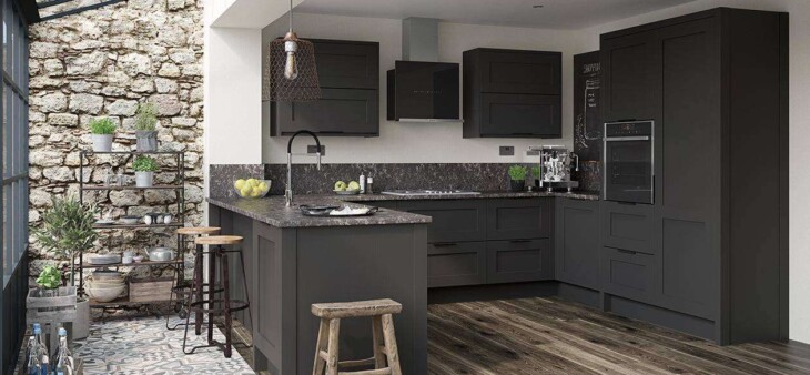 Fitted kitchen with black cabinets