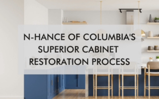 blue kitchen with text, "N-Hance of Columbia's Superior Cabinet Restoration Process"