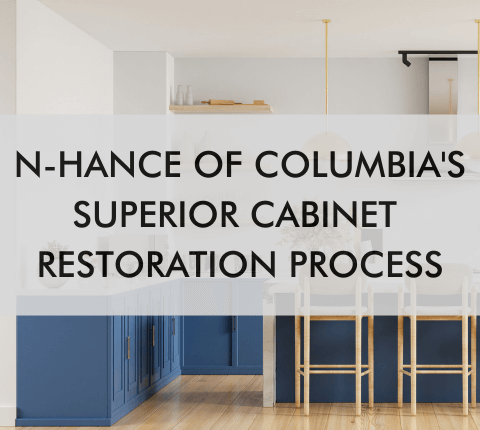 blue kitchen with text, "N-Hance of Columbia's Superior Cabinet Restoration Process"
