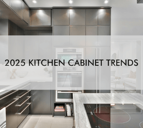 kitchen with text "2025 Kitchen Cabinet Trends"