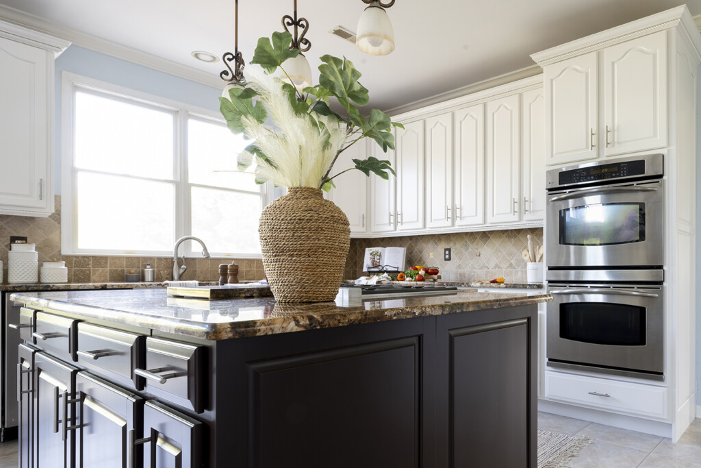 white and brown cabinets