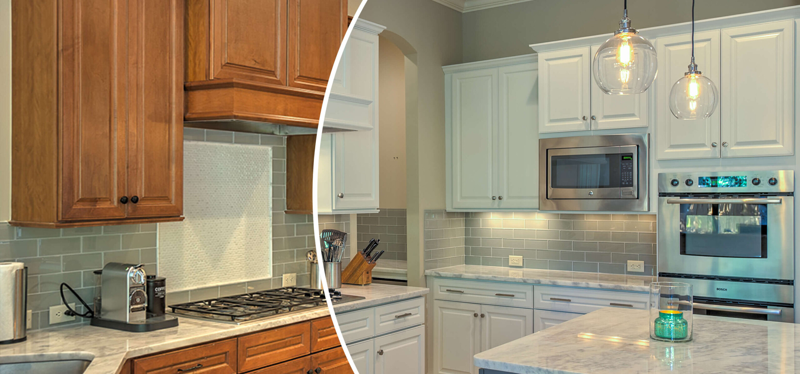 Photo of kitchen with blue and white refinished cabinets