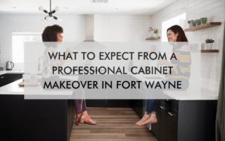 woman in a kitchen with text "What to Expect from a Professional Cabinet Makeover in Fort Wayne"