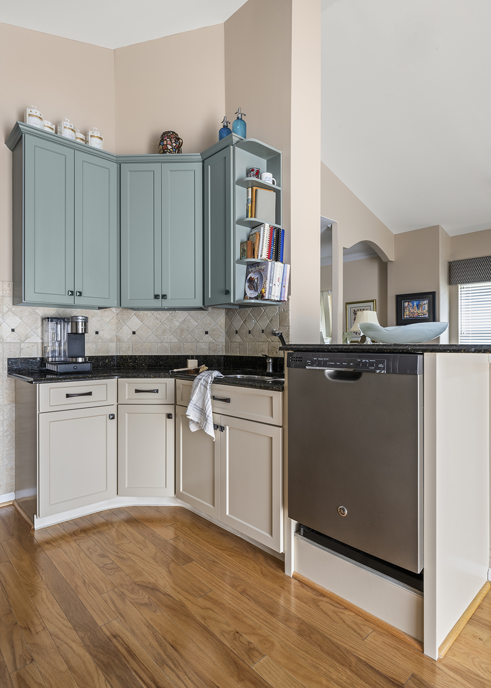 two tone cabinet painting shaker beige and timber moss on top