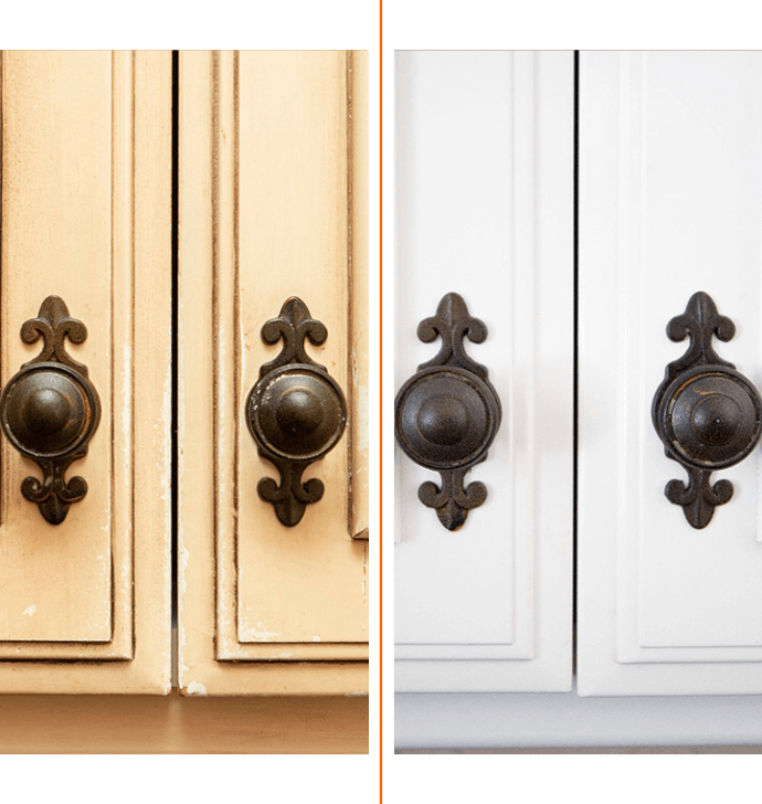 White Uppers Blue Lowers cabinet painting before and after