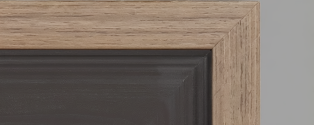 Photo of kitchen with blue and white refinished cabinets