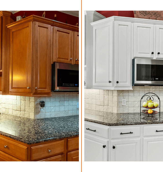 before and after cabinet painting in a kitchen