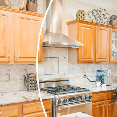 Before-after Coffee (1) woman in front of refinished cabinets