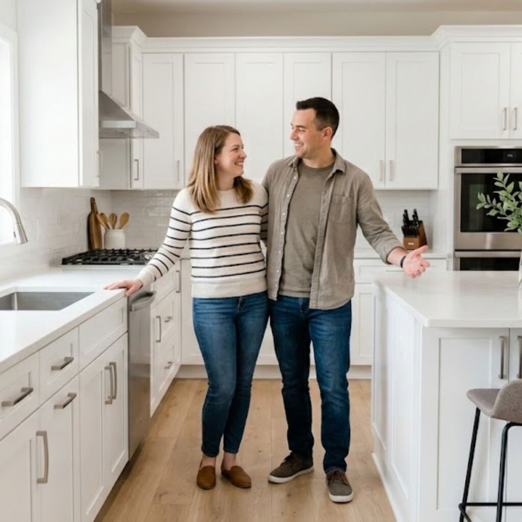 happy couple in refinished kitchen 