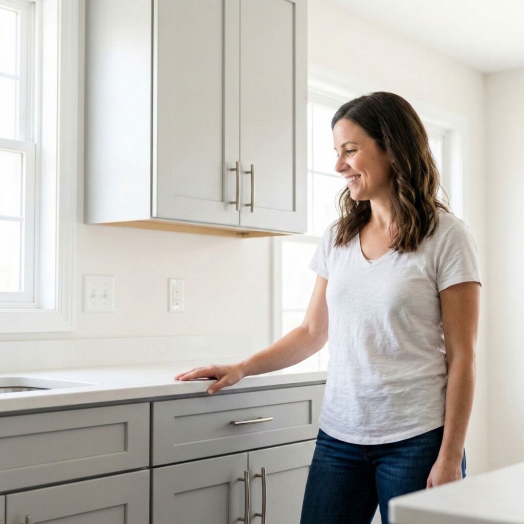 woman admiring new cabinets