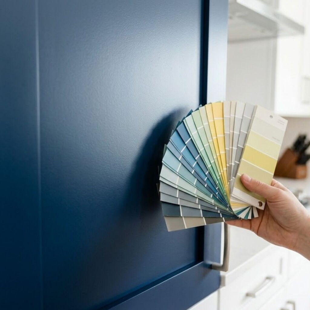 holding colors up to cabinet