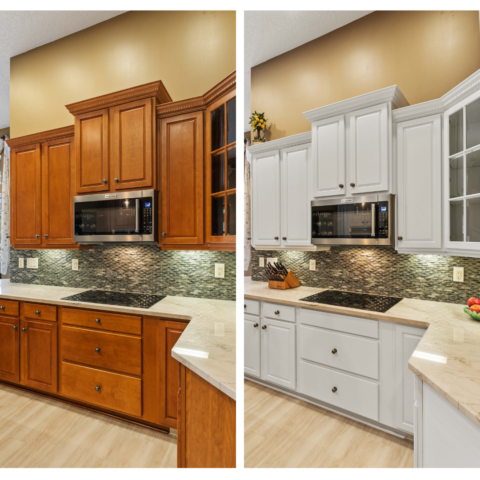 before & after photo of kitchen cabinet painting in Hinsdale