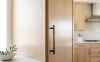 A close-up view of beautifully refinished kitchen cabinets in a modern, brightly lit home.