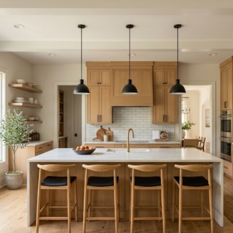 A wide-angle view of a bright and updated kitchen in a Nashville home, featuring natural wood cabinetry and a central island.
