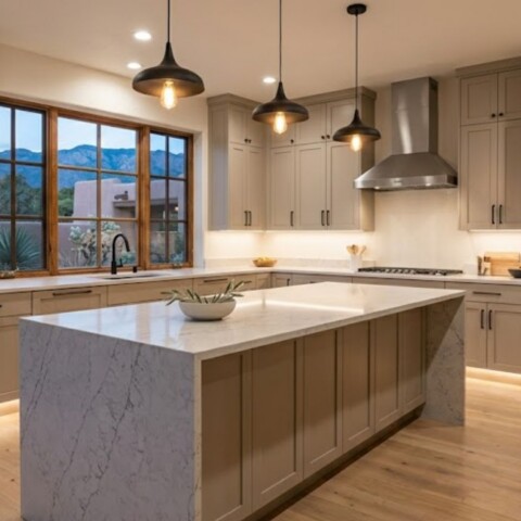 A beautiful wide-angle view of a luxurious, modern kitchen showcasing newly painted cabinets and warm ambient lighting.
