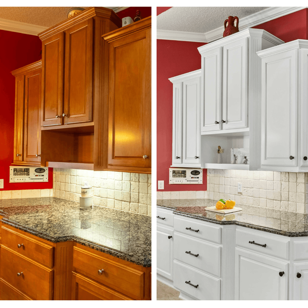Cabinet Painting before and after N-Hance of Chicago cabinet painting in Glen Ellyn, IL