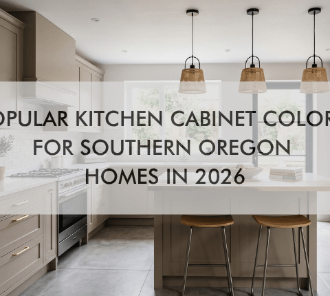 NH Southern Oregon July Blog 26′ kitchen and text "Popular Kitchen Cabinet Colors for Southern Oregon Homes in 2026"